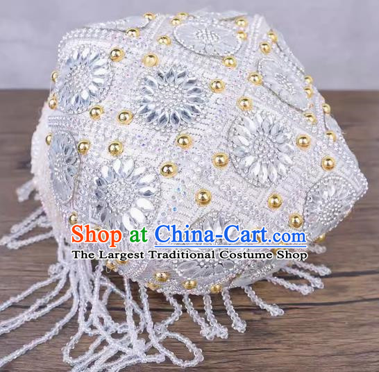 China Xinjiang Dance Performance Hat Ethnic Style Pure Handmade Beaded Embroidery Headwear Uyghur Stage Performance Silver And White Flower Hat