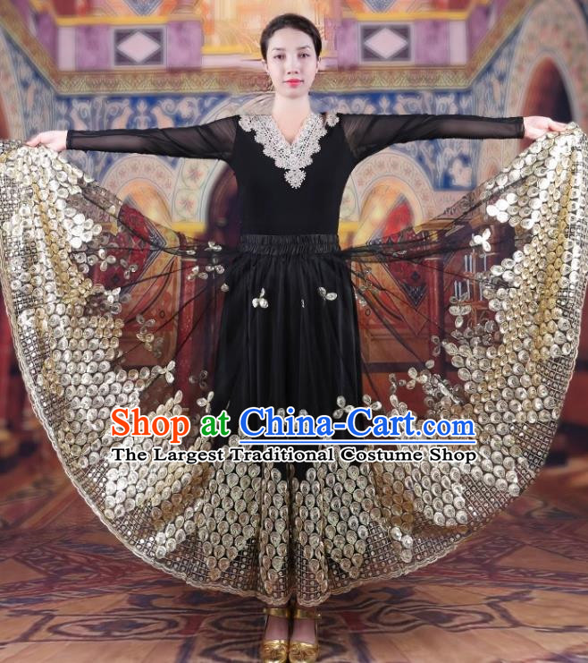 China Xinjiang Dance Performance Costumes Women Mesh Embroidered Skirt Uyghur Ethnic Style Red Large Swing Elegant Black Skirt