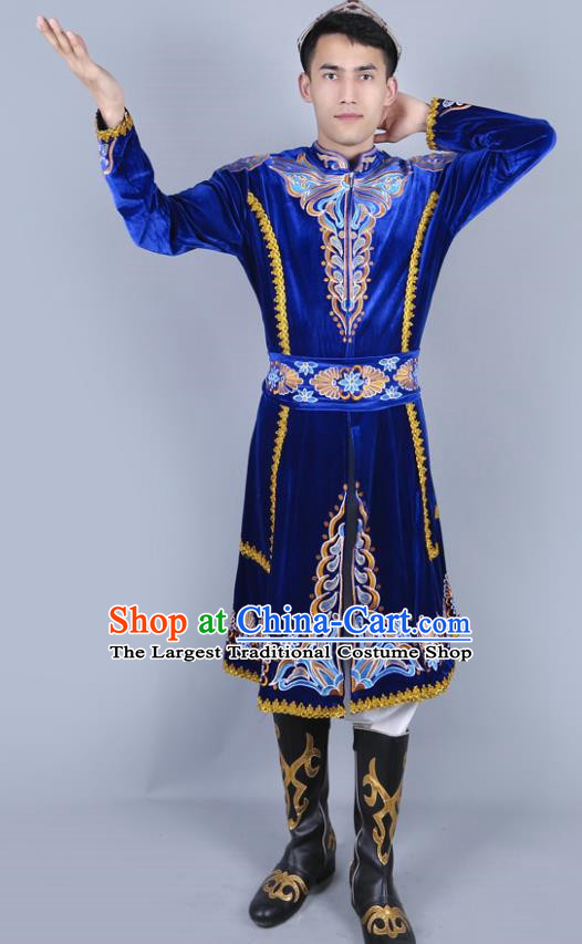 Royal Blue Men China Xinjiang Dance Performance Costume Uyghur Embroidered Skirt Stage Black Four Piece Set
