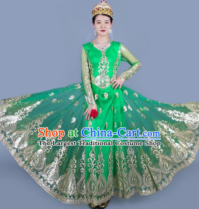Green China Xinjiang Dance Spring And Summer Mesh Embroidery Double Layer Oversized Swing Dress Ethnic Style Stage Skirt