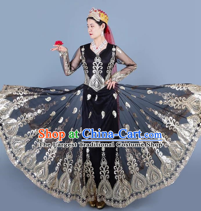 Black China Xinjiang Dance Spring And Summer Mesh Embroidery Double Layer Oversized Swing Dress Ethnic Style Stage Skirt