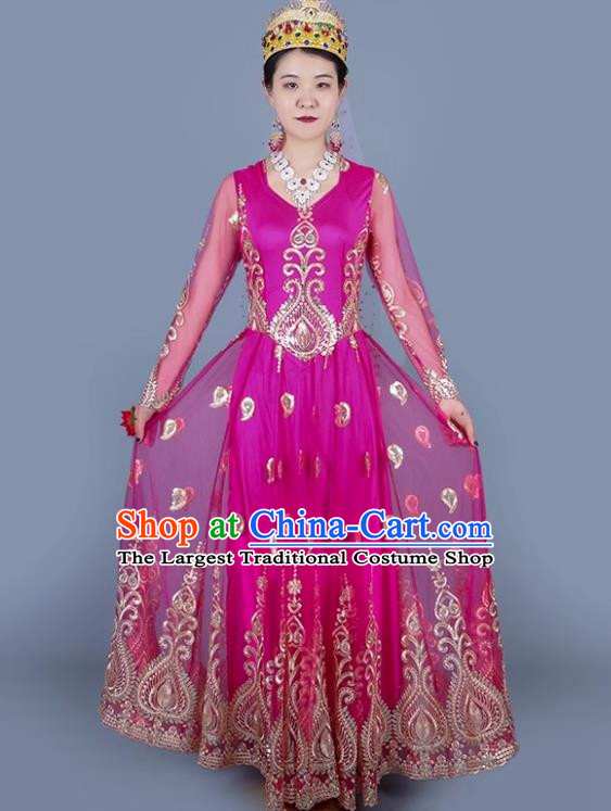 Rose Red Chinese Xinjiang Dance Spring And Summer Mesh Embroidered Double Layer Oversized Swing Dress Ethnic Style Stage Skirt