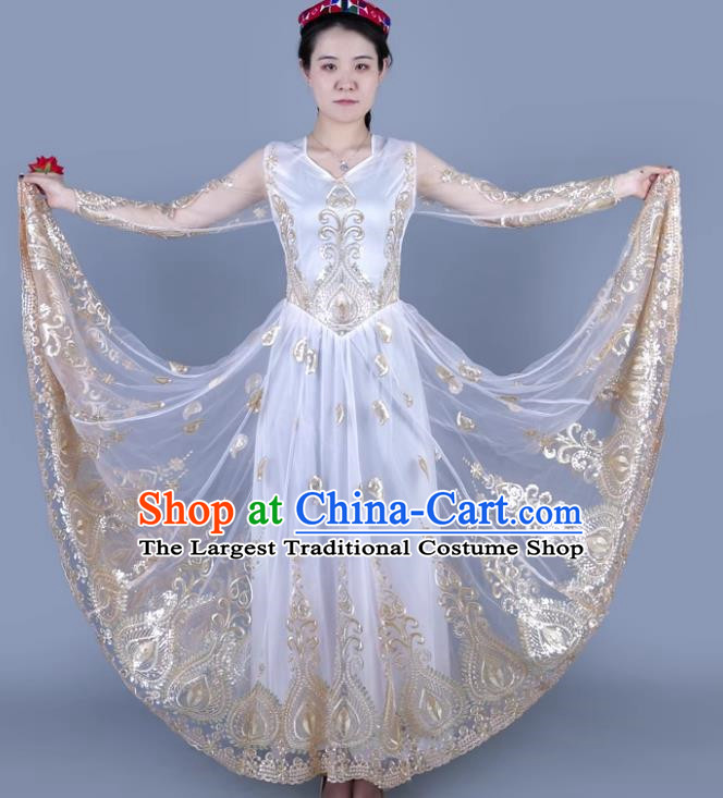 White China Xinjiang Dance Spring And Summer Mesh Embroidered Double Layer Oversized Swing Dress Ethnic Style Stage Skirt