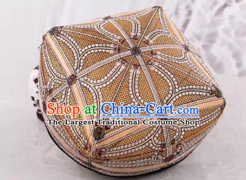 Light Brown Chinese Xinjiang Dance Men Hat High End Ethnic Style Traditional Four Corner Flower Hat Dance Hat Uighur Square Dance Performance Hat