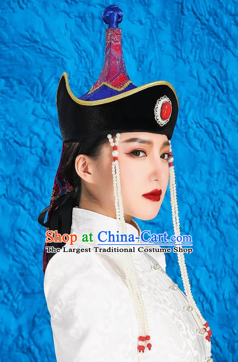 Mongolian Women Hats High End Ethnic Minority Style Wedding Bridal Headwear Photography Red Forehead Ornaments