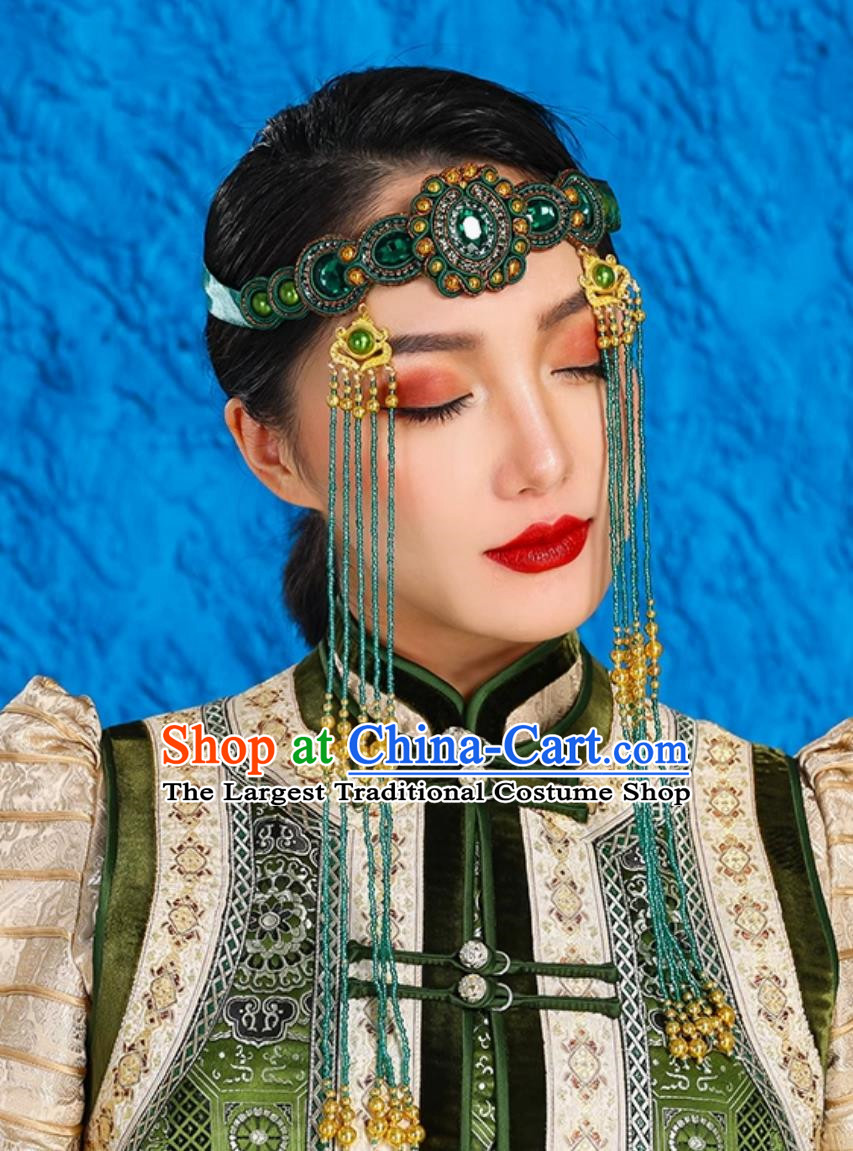 Dark Green Mongolian Female Headdress Tibetan Ethnic Minority Style Wedding Hair Accessories Stage Performance Tassel Beads