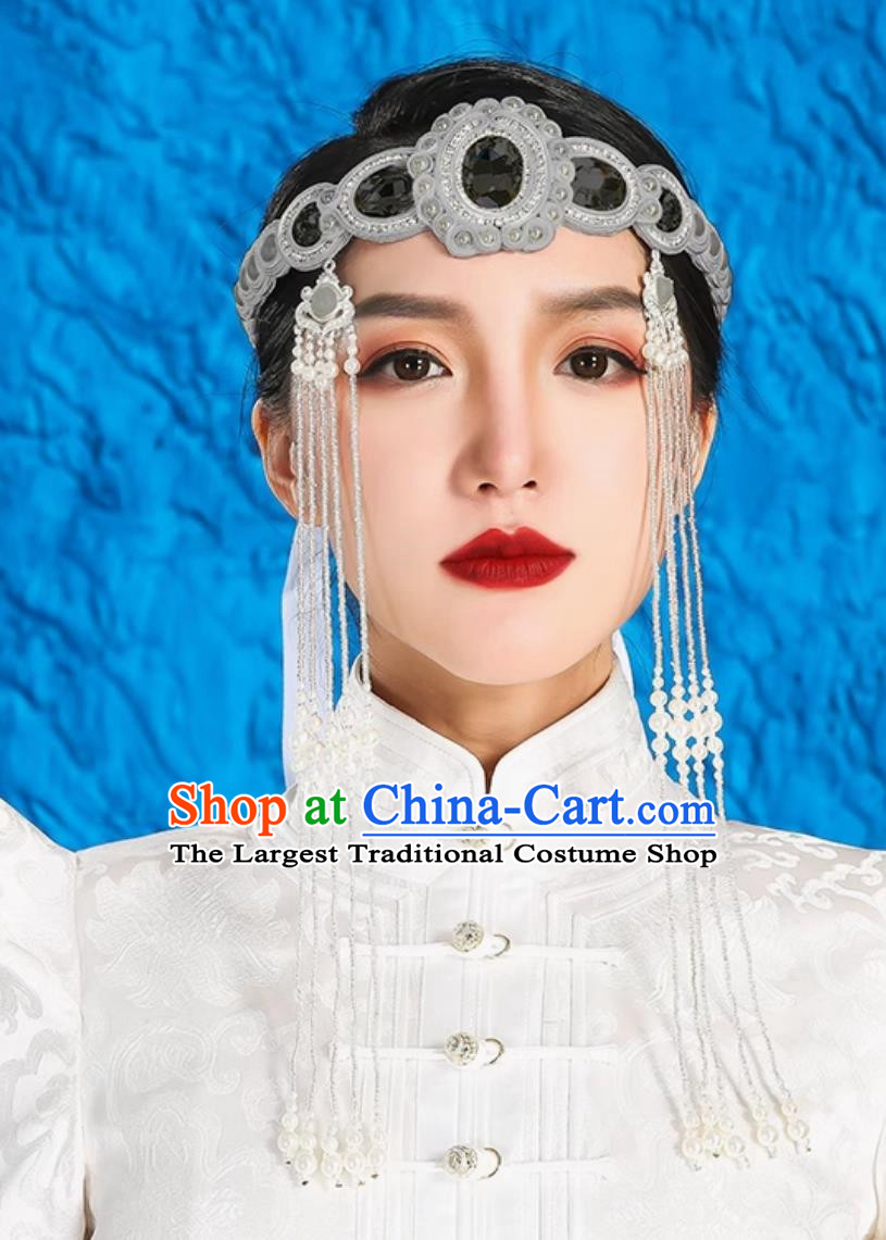 Gray Mongolian Female Headdress Tibetan Ethnic Minority Style Wedding Hair Accessories Stage Performance Tassel Beads