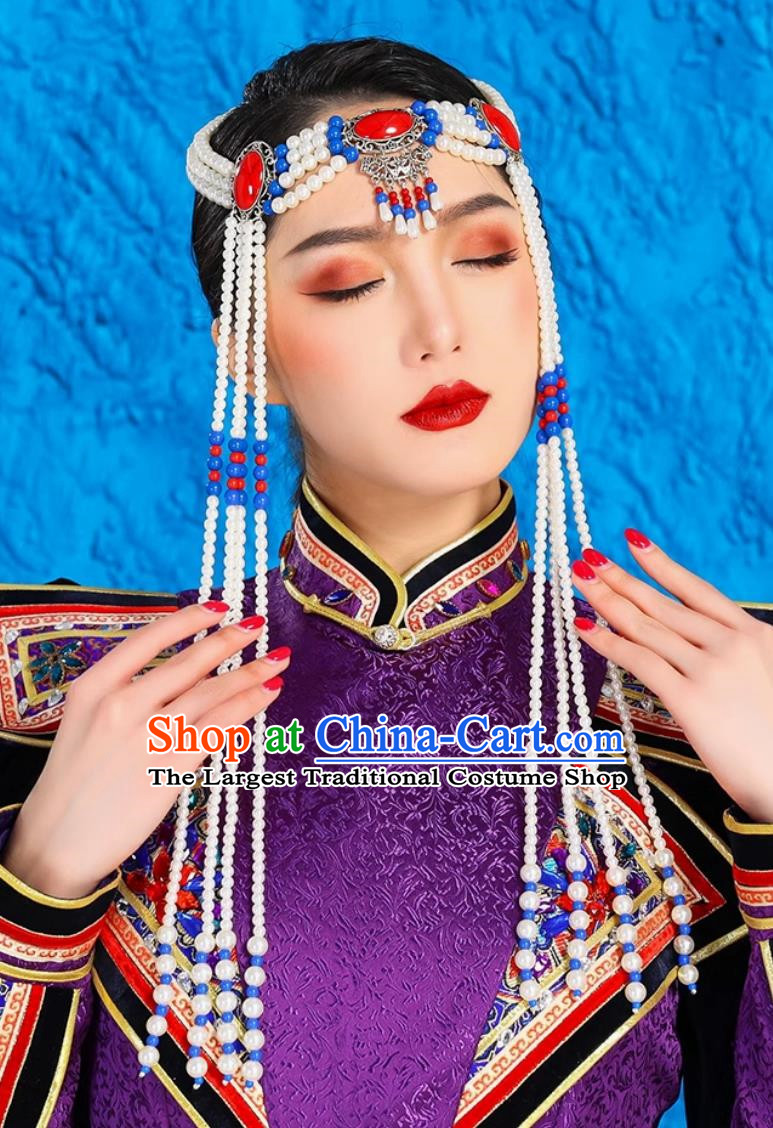 Mongolian Lady White Beaded Forehead Ornament Ethnic Ancient Style Forehead Wiping Tibetan Xinjiang Exotic Style Headdress Forehead Pendant