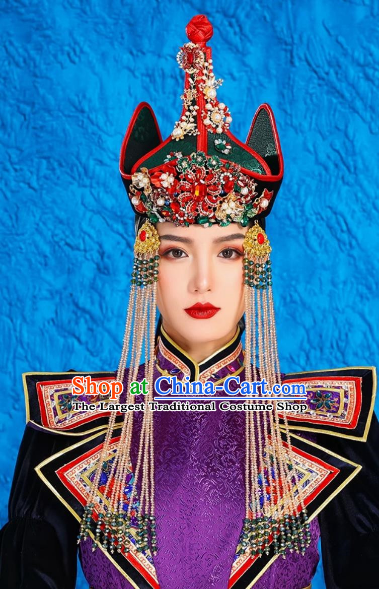 Mongolian Hat Bridal Headwear Ethnic Minority Catwalk Style Hat Green