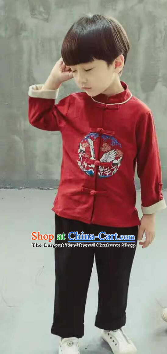 Chinese National Costumes Children Tang Suit Embroidered Eagle Red Shirt and Pants Complete Set