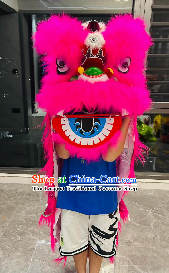 Chinese Traditional Lion Dance Costumes Professional Celebration Parade Pink Wool Lion Head Complete Set for Kids