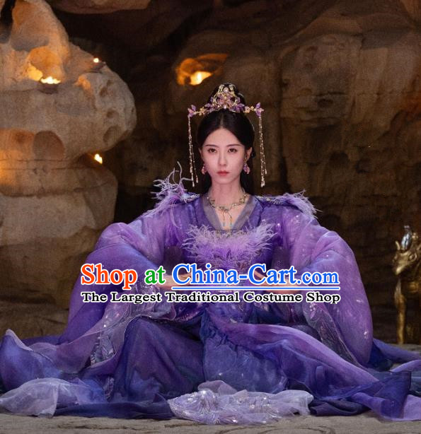 Chinese Ancient Goddess Feather Clothing  Xian Xia TV Series The Last Immortal Peacock Princess Hua Shu Purple Dresses