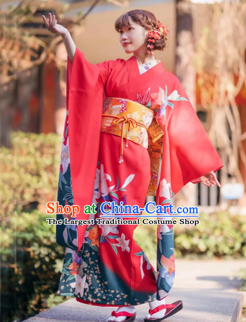 Asian Japan National Dress Japanese Traditional Garments Classical Lily Flowers Pattern Furisode Kimono for Women