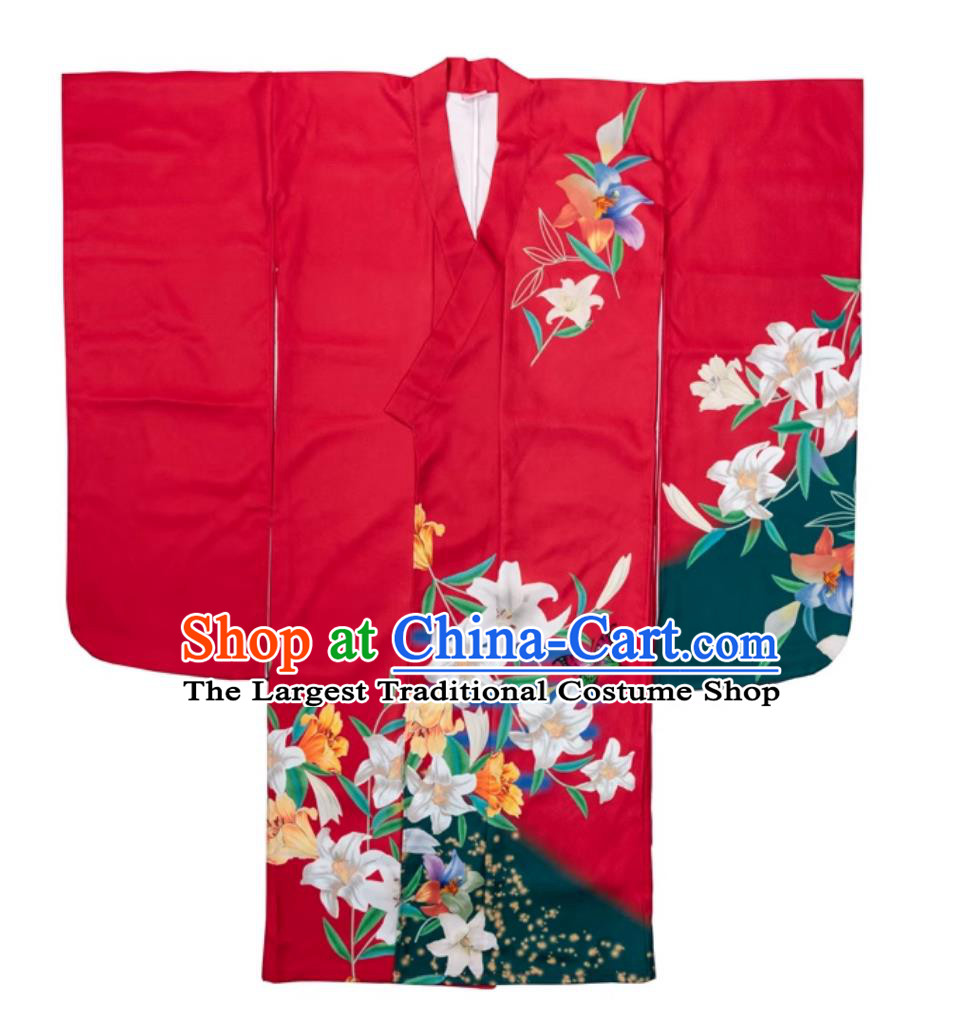 Asian Japan National Dress Japanese Traditional Garments Classical Lily Flowers Pattern Furisode Kimono for Women