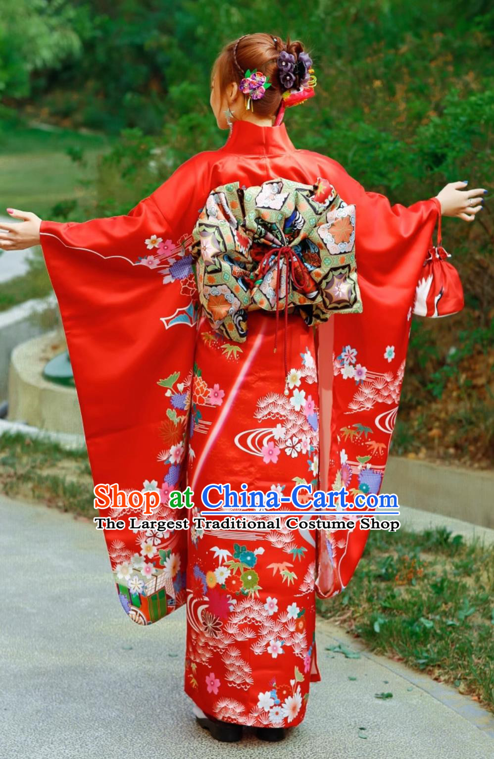 Japan Classical Red Furisode Kimono Top Japanese National Dress Traditional Orthodox Garments