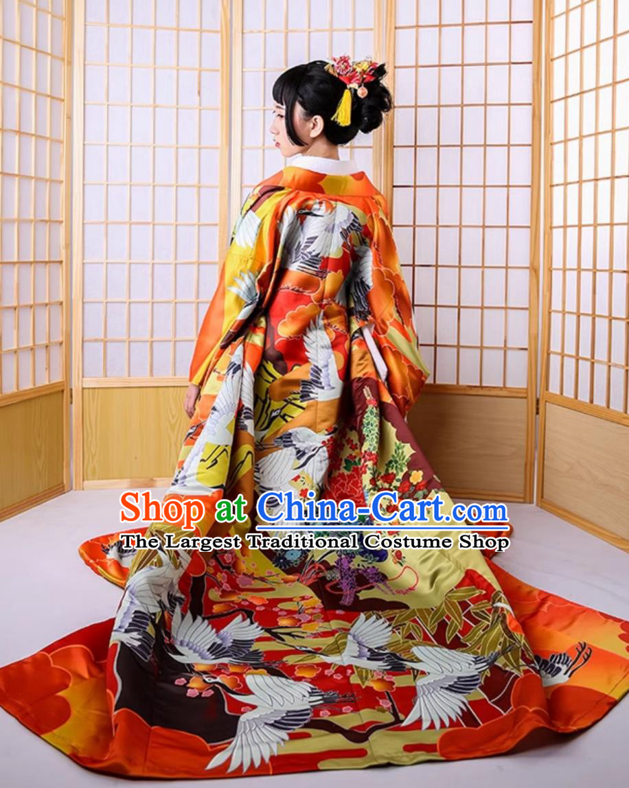 Japan Traditional Orthodox Garments Classical Crane Pattern Furisode Kimono Top Japanese National Dress