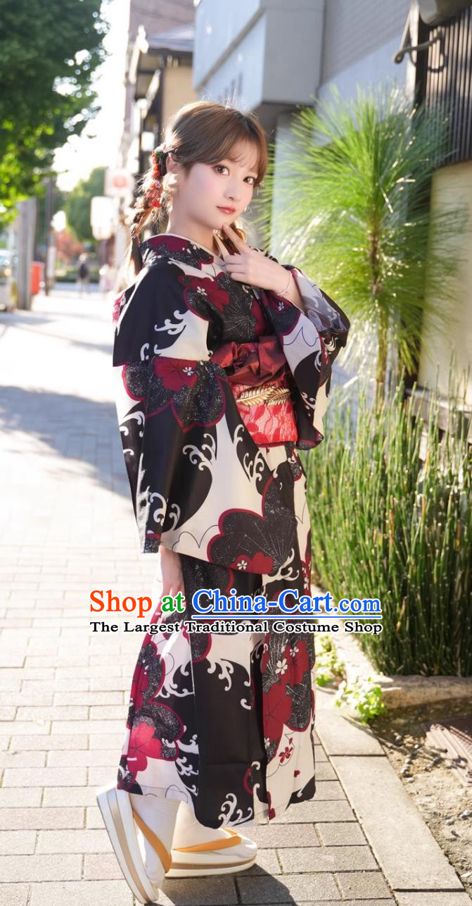 Japanese Kimono Women Traditional Clothing Formal Attire Printed Red And Black Kimono