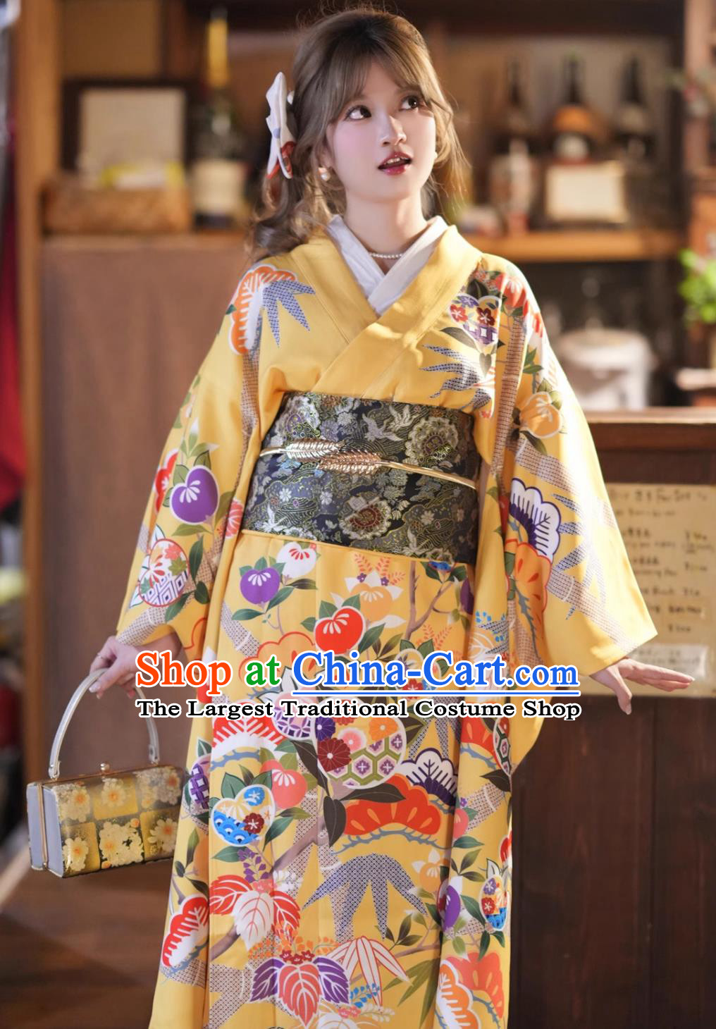 Japanese Large Shocksleeves Costume Traditional Kimono Ceremony Yellow Formal Dress