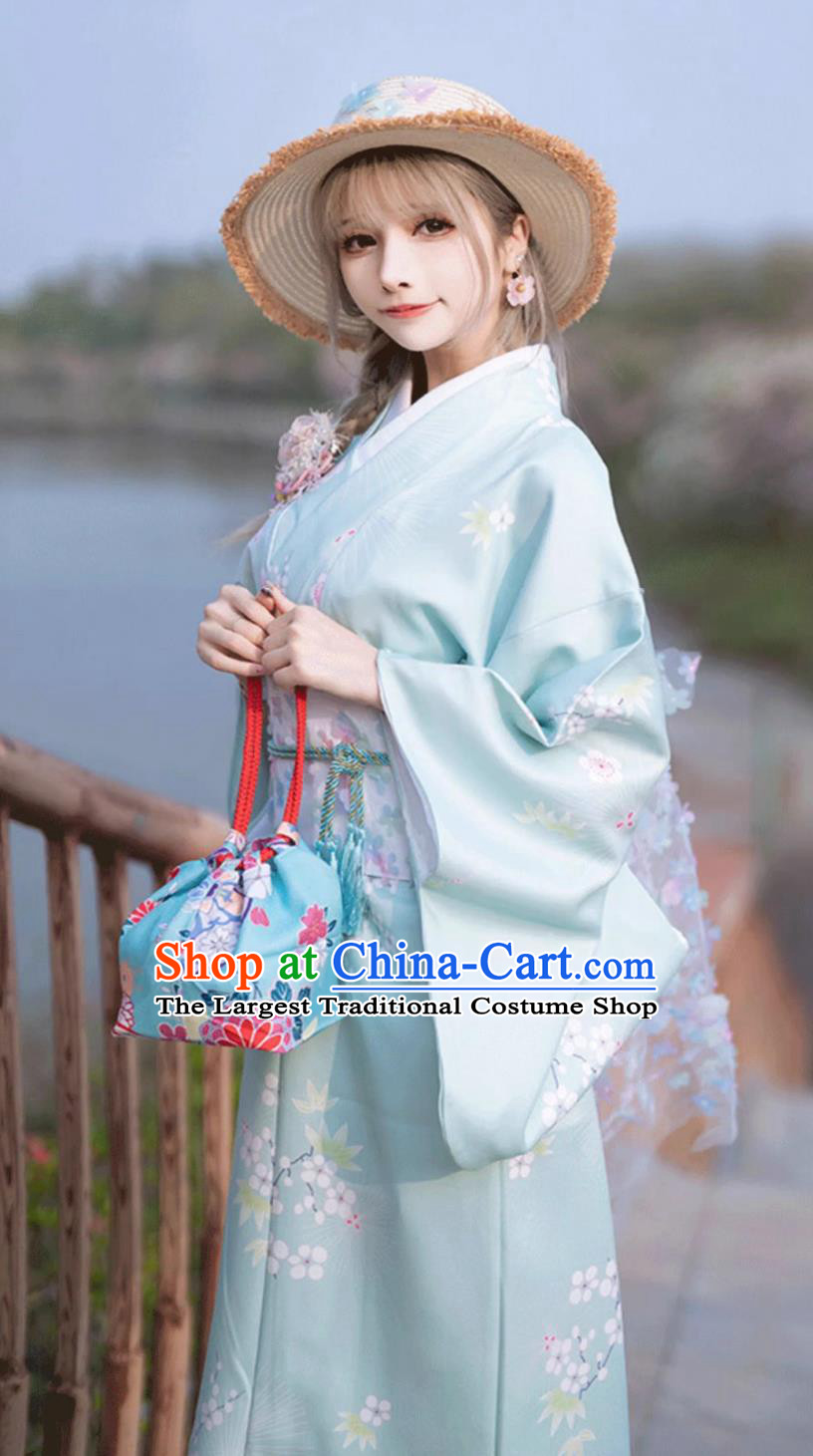 Japanese Light Blue Kimono Women Traditional Costume