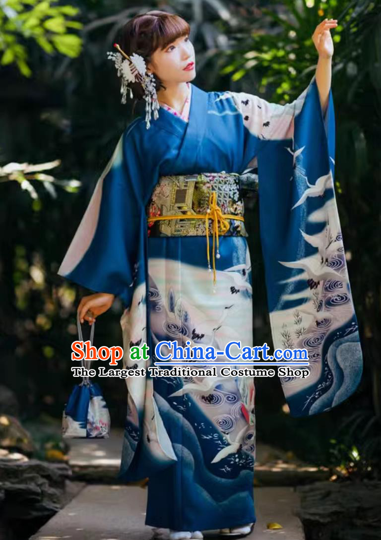 Japanese Traditional Kimono Women Traditional Kimono With Large Sleeve Vibration Positioning Blue Formal Attire