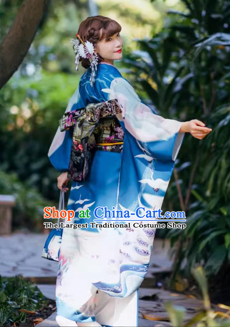 Japanese Traditional Kimono Women Traditional Kimono With Large Sleeve Vibration Positioning Blue Formal Attire
