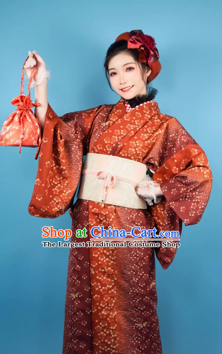 Orange Red Traditional Kimono Formal Dress For Women Japanese Taisho Floral Clothing