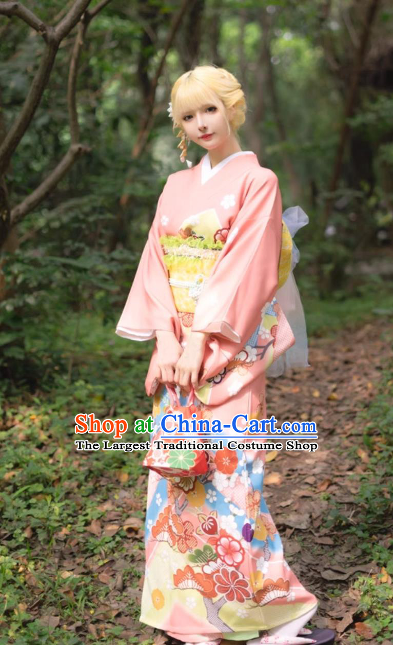 Printed Traditional Formal Japanese Kimono Women Visiting Kimono Pink Wedding Dress