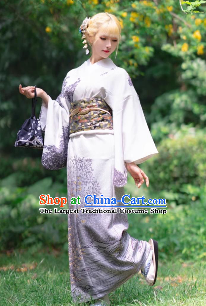 Printed Violet Dress Traditional Formal Attire Japanese Kimono Women Visiting Kimono
