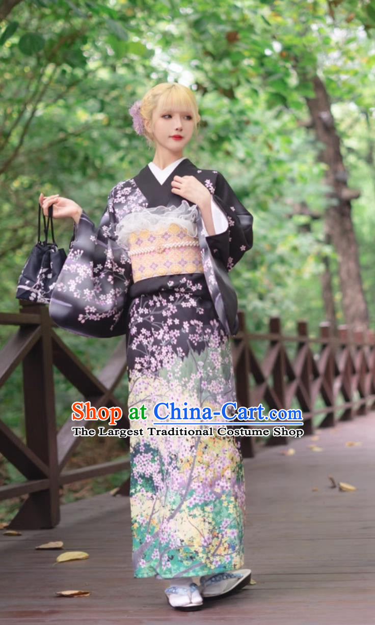 Women Visiting Kimono Printed Black Dress Traditional Formal Attire Japanese Kimono