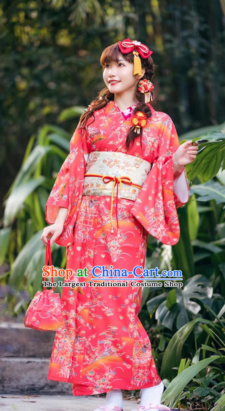 Japanese Kimono Red Floral Visit Attire