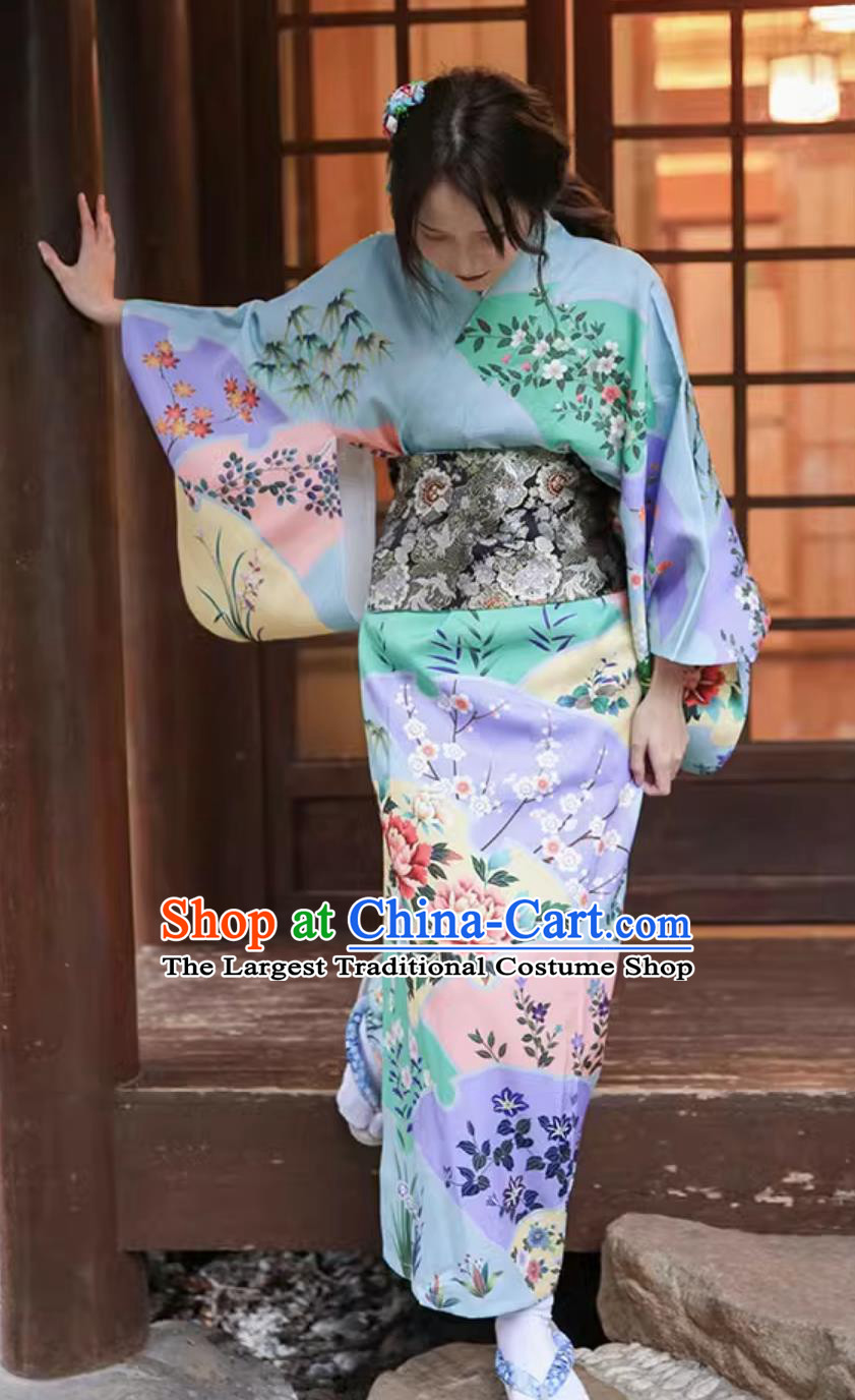Japanese Kimono Women Blue Sakura Traditional Dress Improved Clothing