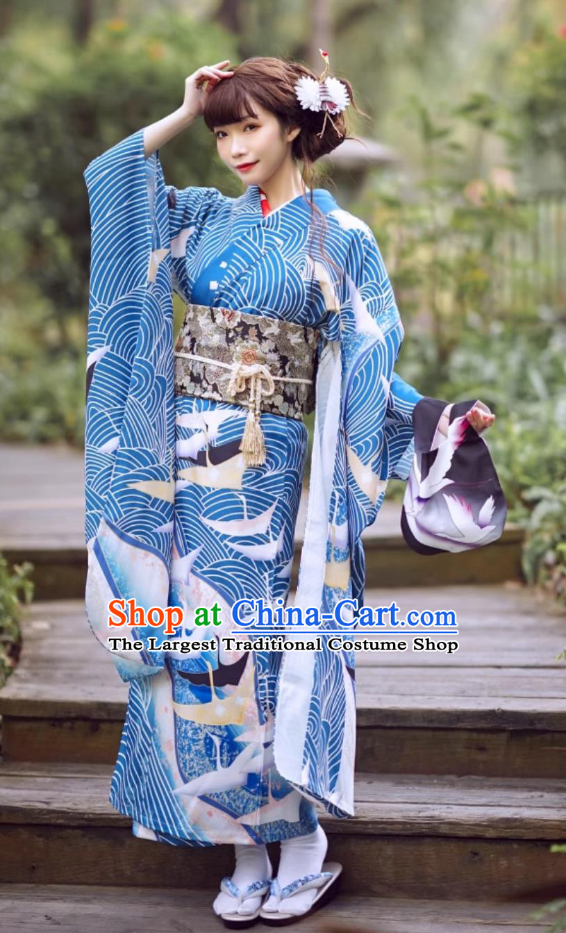 Taisho Style Japanese Traditional Clothing Long Sleeved Kimono For Women Blue Furisode Kimono