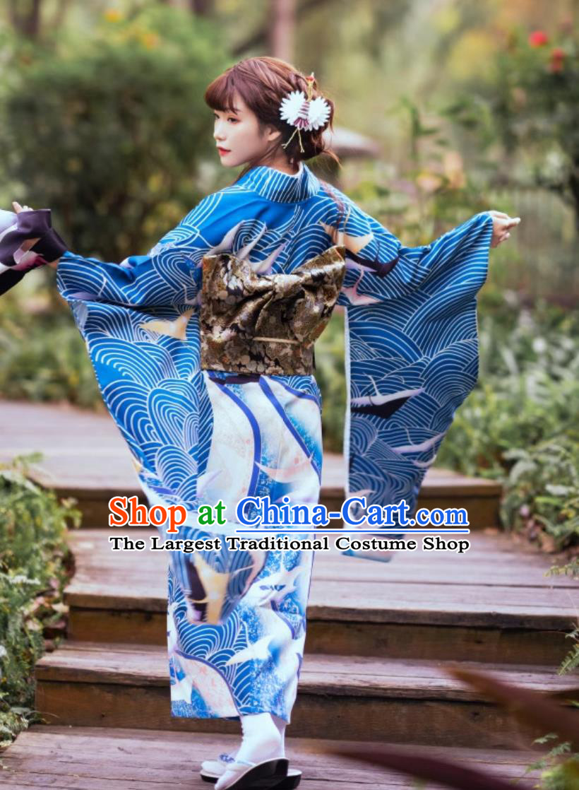 Taisho Style Japanese Traditional Clothing Long Sleeved Kimono For Women Blue Furisode Kimono