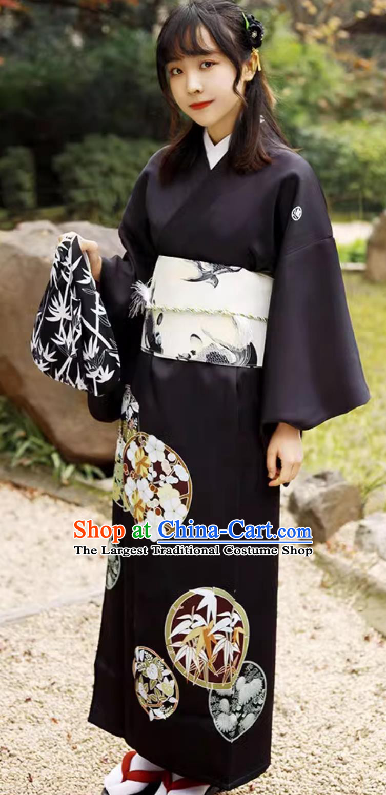 Japanese Kimono Women Improved Clothing Black Sleeves Formal Kimono Set