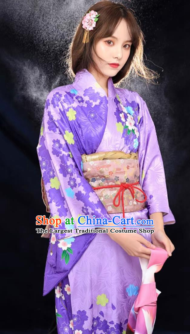 Japanese Formal Kimono Print Purple Kimono Women Improved Clothing