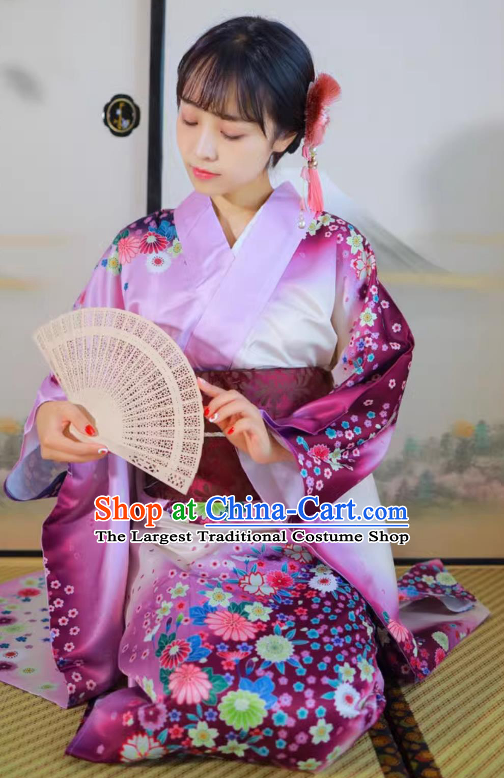 Japanese Floral Furisode Kimono Kimono Women Formal Attire Set