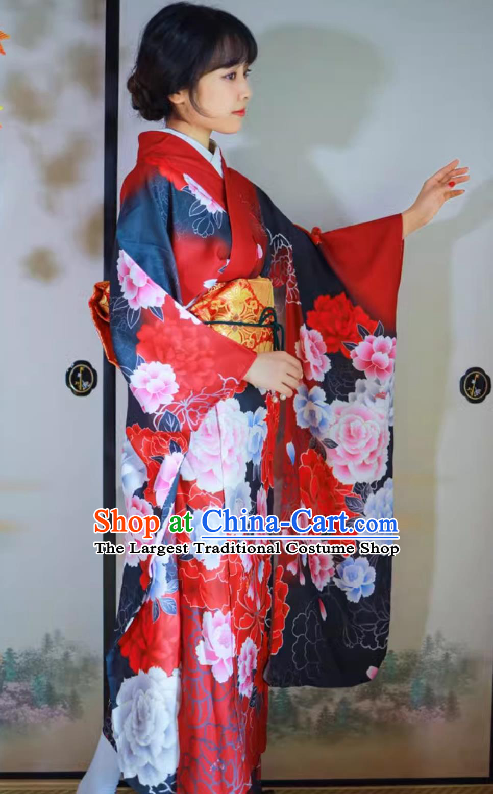 Japanese Women Kimono Formal Attire Wine Red Floral Furisode Kimono