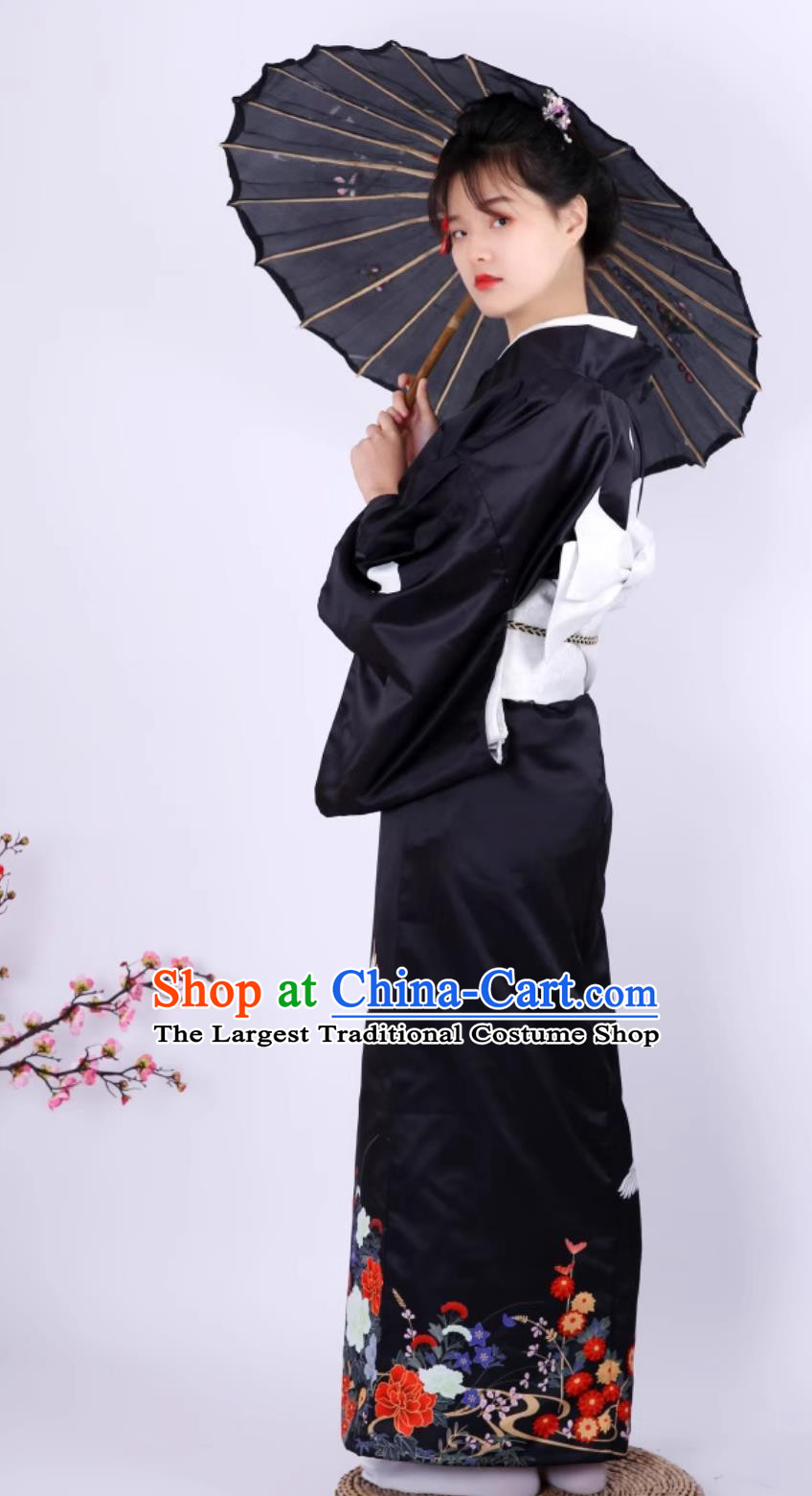 Japanese Kimono Women Formal Attire Traditional Black Sleeve Kimono Crane Kimono Set