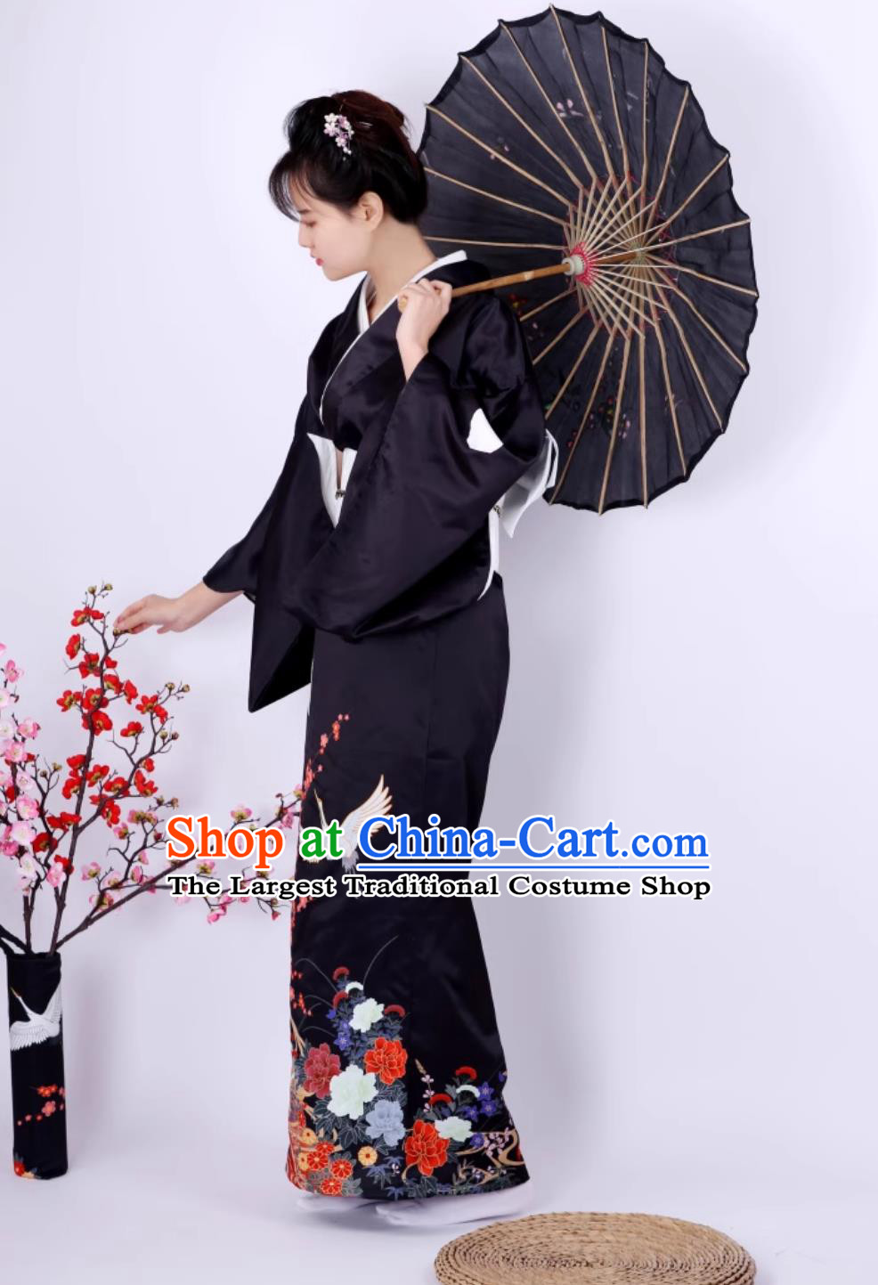Japanese Kimono Women Formal Attire Traditional Black Sleeve Kimono Crane Kimono Set