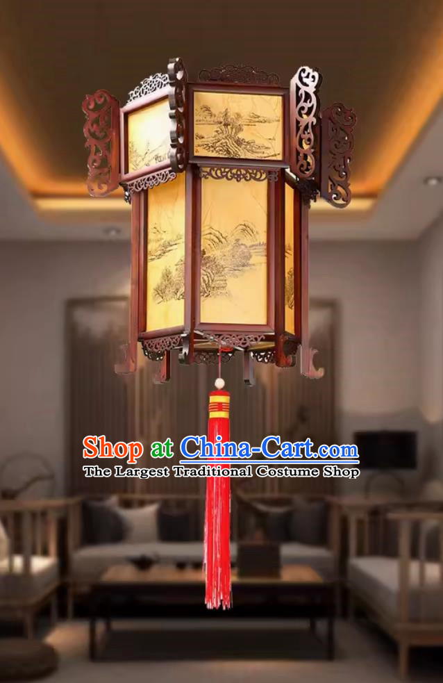 55cm Antique Palace Lantern Chinese Style Solid Wood Hexagonal Palace Lantern Yellow Sheepskin Landscape New Year Lantern