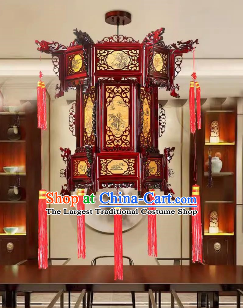 55cm Antique Palace Lantern Chinese Style Solid Wood Hexagonal Palace Lantern Yellow Sheepskin New Year Lantern