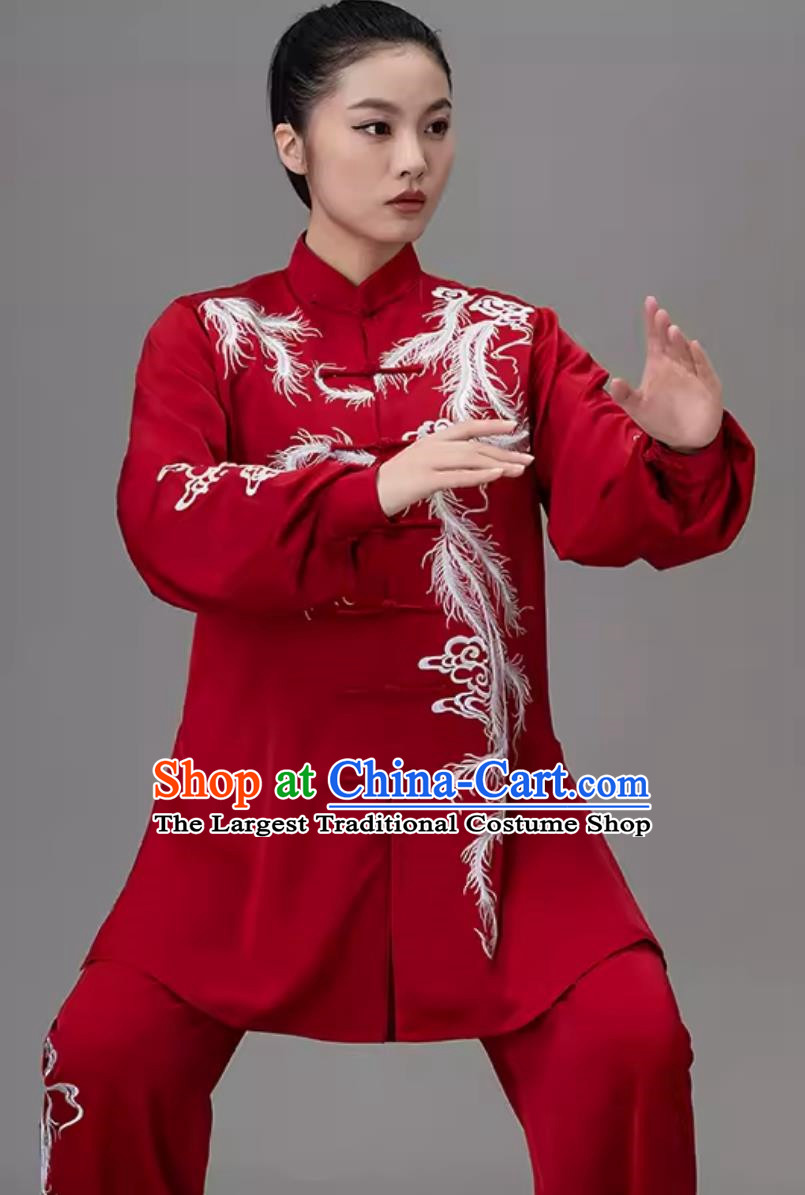 Burgundy Embroidered Phoenix Tai Chi Suit Practice Suit Tai Chi Qigong Performance Chinese Style Uniform