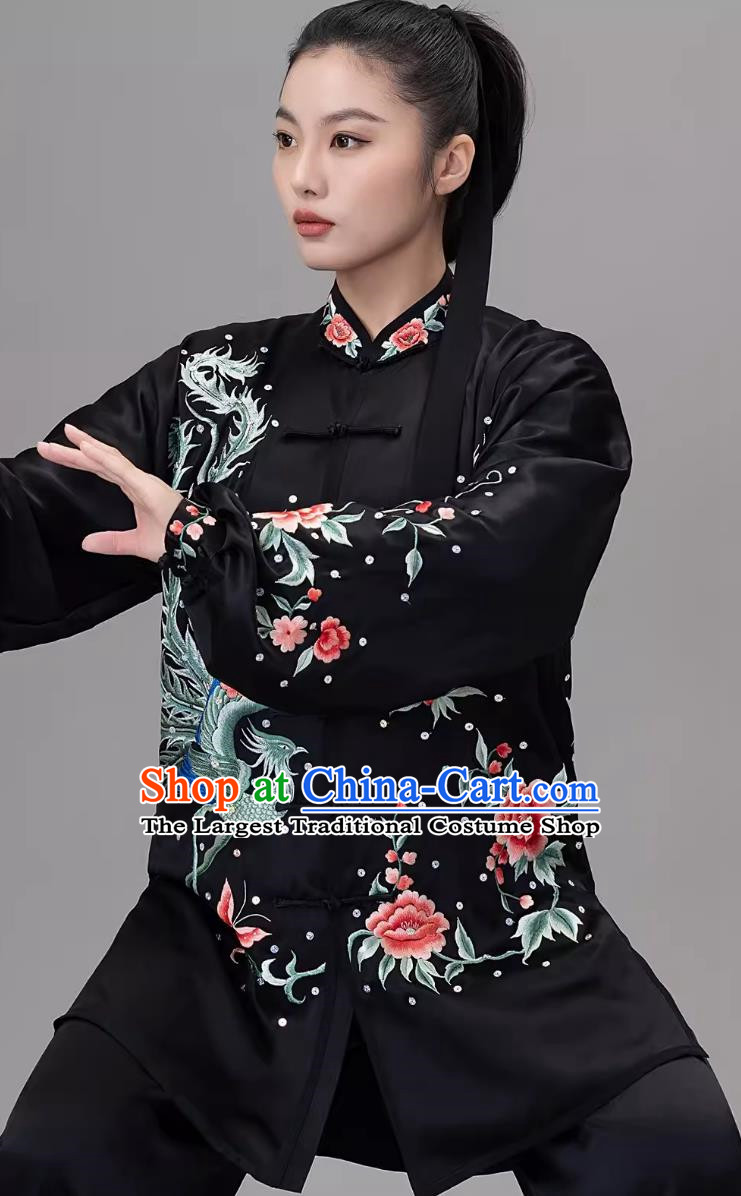 Black Embroidered Phoenix Silk Drooping And Elegant Tai Chi Suit Tai Chi Competition Practice Ba Duan Jin Set