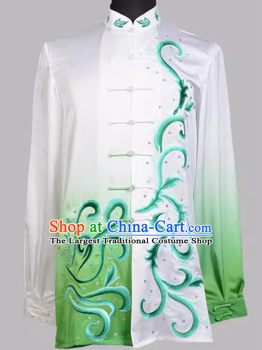 Gradient Color Long Sleeved Tai Chi Performance Costume Embroidered With Sequins