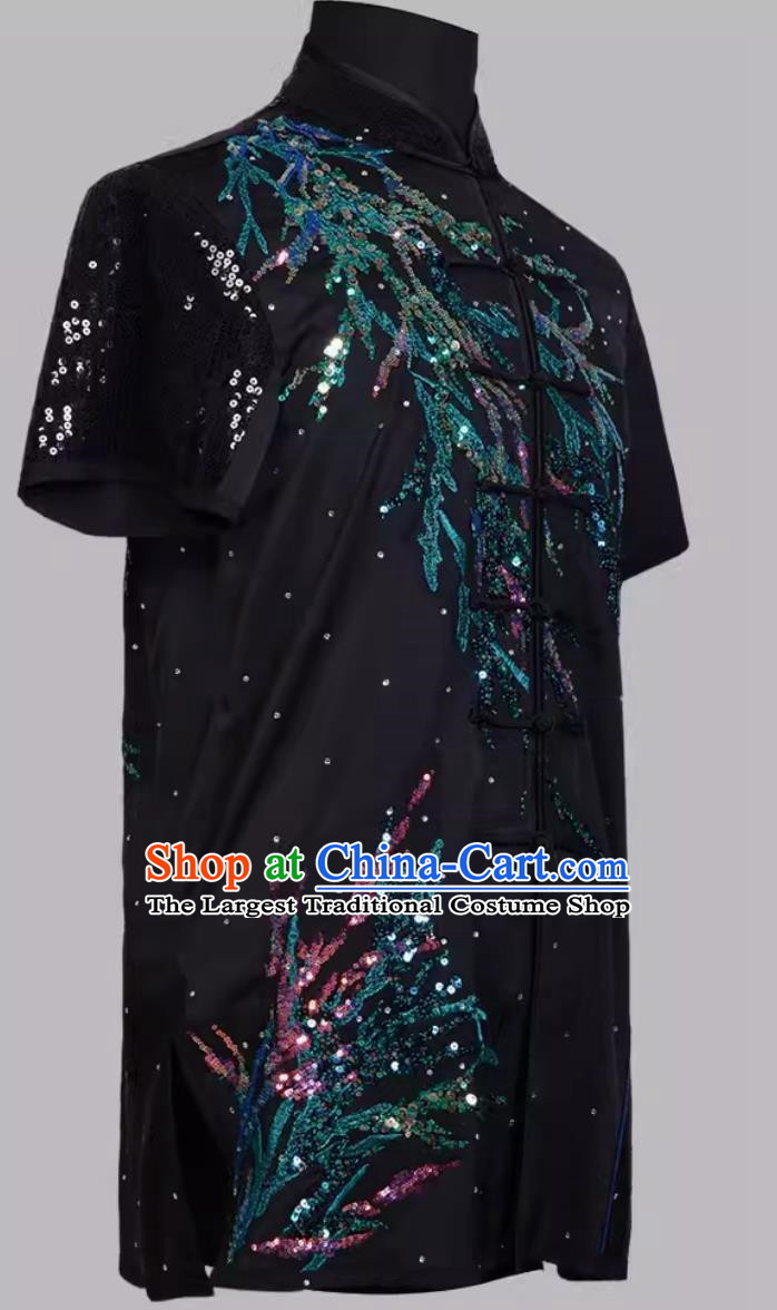Martial Arts Uniform Sequin Embroidered Black Imitation Silk Competition Uniform Suit