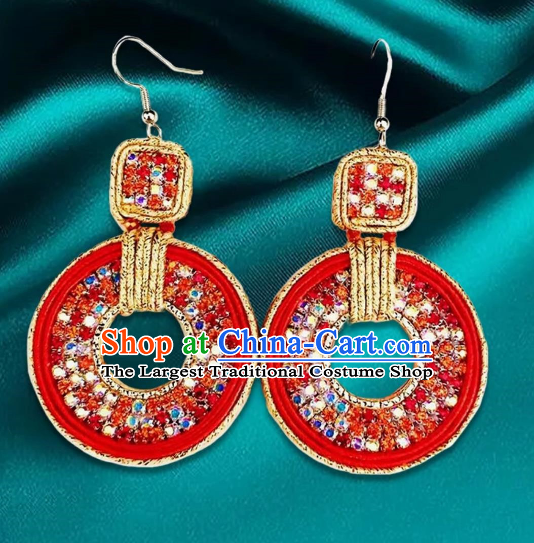 Red Mongolian Fashion Geometric Diamond Ethnic Style Earrings Women Earrings Exotic Style Ear Clips