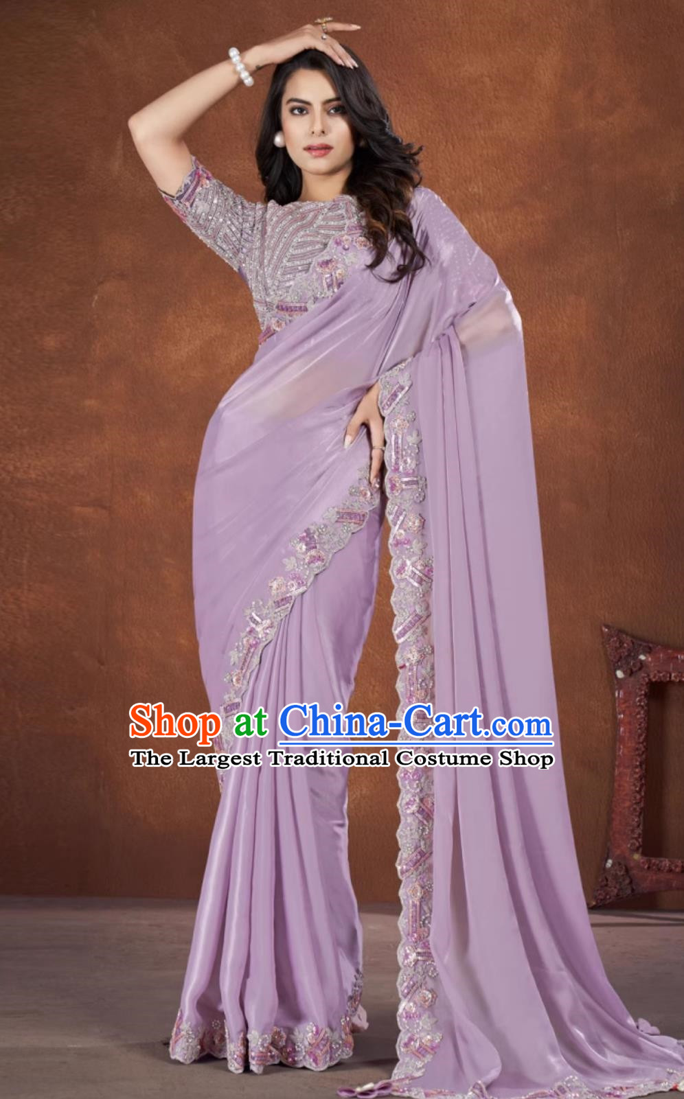 Light Purple Embroidered National Indian Saree With Diamonds Features Traditional Festival Party Women Wrap Skirt Sari