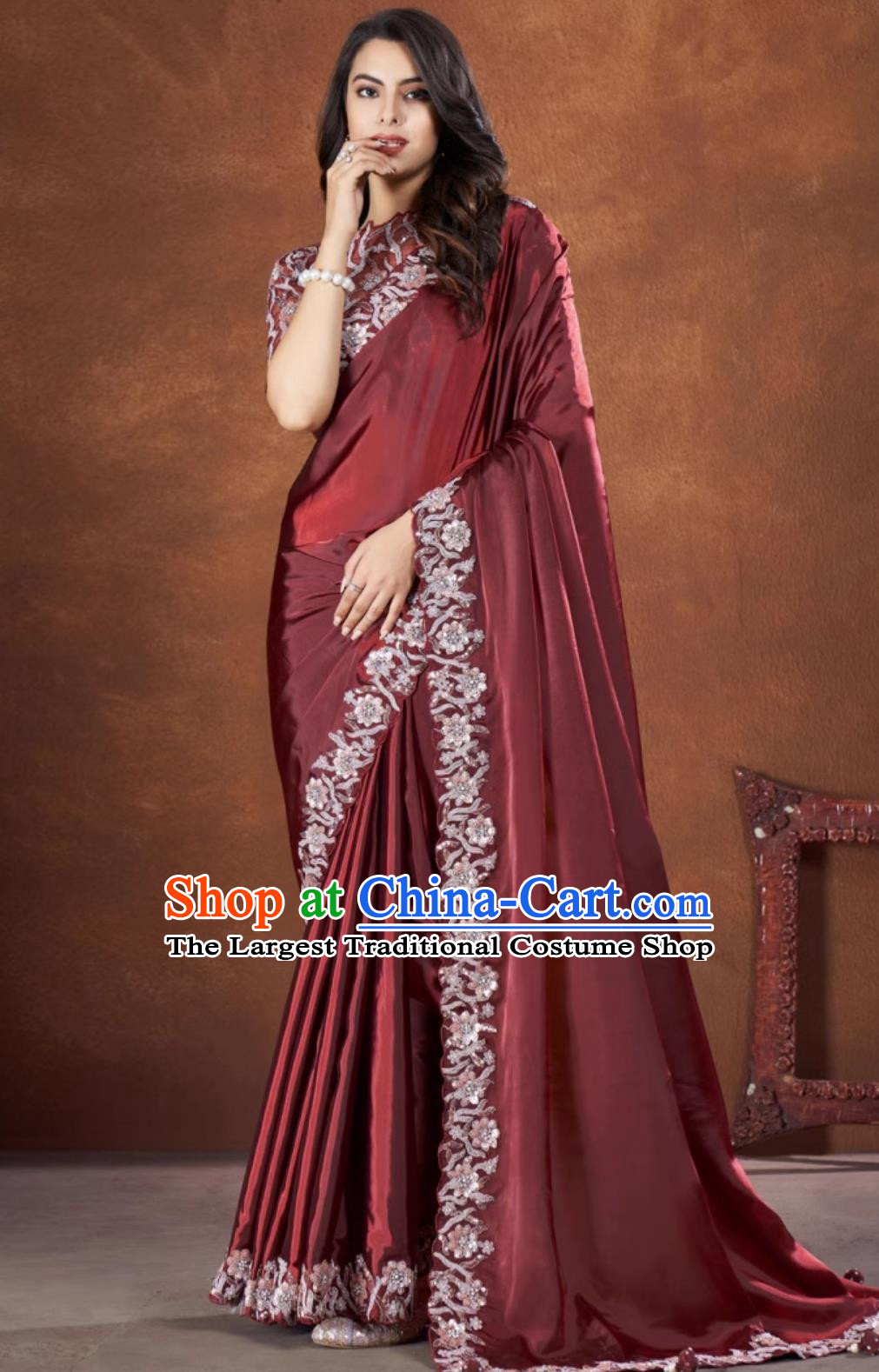 Maroon Embroidered National Indian Sari With Diamonds Features Traditional Festival Party Women Wrap Skirt Sari