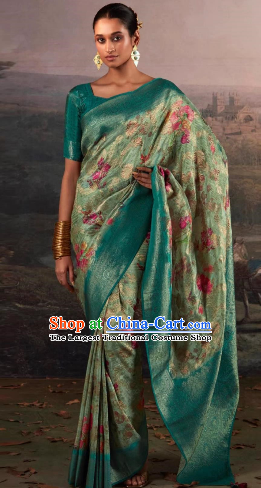 Dark Green Indian Saree Features Traditional Silk Print National Ladies Wrap Skirt Sari Daily Festival Wear