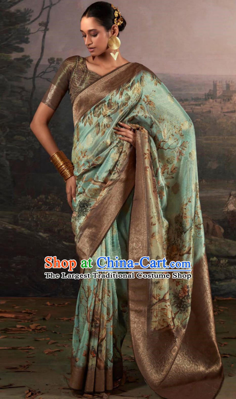 Light Green Indian Saree Features Traditional Silk Print National Ladies Wrap Skirt Sari Daily Festival Outfit